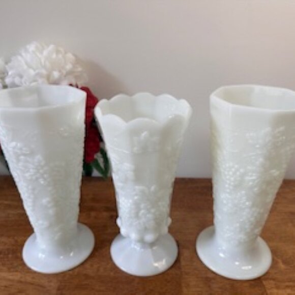 Vintage Milk Glass Vases Set – Grapevine Pattern Pedestal Vases White Floral Emb - Picture 2 of 6